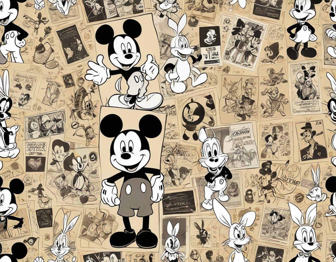 A colorful montage showcasing the evolution of animation, featuring iconic classic cartoon characters alongside modern animated masterpieces. The left side displays vintage sketches and animation cells, while the right showcases sleek 3D characters in dynamic poses. A gradient background transitioning from sepia tones to vibrant hues highlights the journey. Include whimsical elements like animated film reels and playful backgrounds to enhance the theme. vibrant colors. super-realistic.