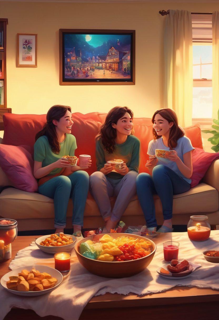 A whimsical illustration of a cozy living room filled with colorful cushions and snacks, where a diverse group of friends are joyfully watching animated series on a large screen. Laughter is visually represented with playful sound waves floating around, and beloved animated characters peeking from behind the couch. The atmosphere should feel warm and inviting, capturing the essence of shared joy and nostalgia. vibrant colors. cozy art style.