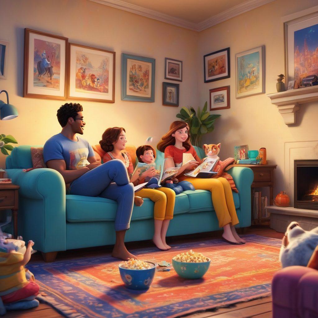A colorful, whimsical scene featuring a diverse family gathered around a television, joyfully watching a vibrant animated movie. Surround them with charming character illustrations from popular family-friendly cartoons, such as animals, superheroes, and magical creatures. Incorporate playful elements like popcorn, cozy blankets, and animated film reels floating around. Bright, dynamic colors to evoke happiness and imagination. cartoon style. vibrant colors. playful atmosphere.